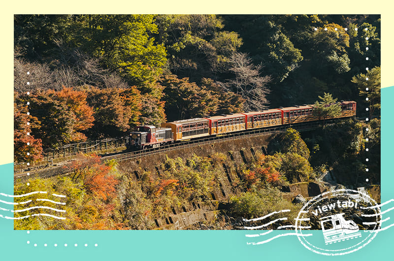 渡月橋に嵯峨野トロッコ列車「紅葉名所」を紹介する京都嵐山の旅