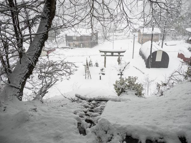 雪が積もった南部神社から見下ろす境内