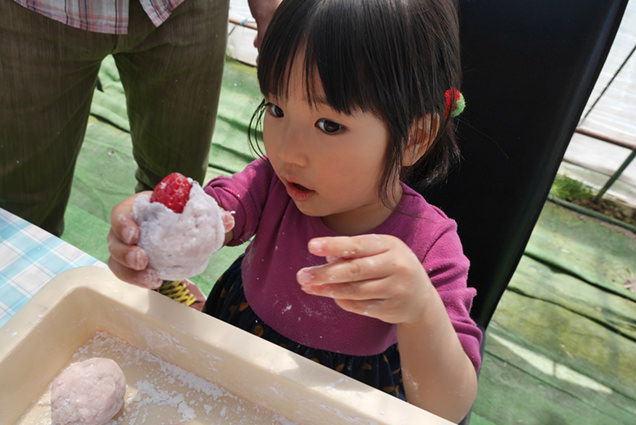 大福にいちごを差し込む次女