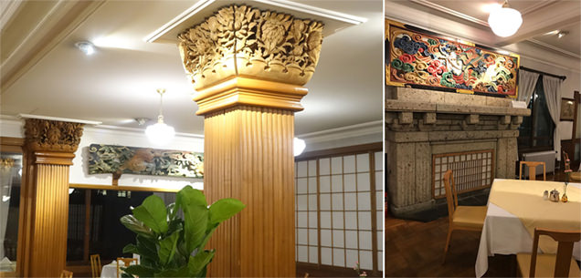 日光金谷ホテル メインダイニング 柱・壁・彫刻