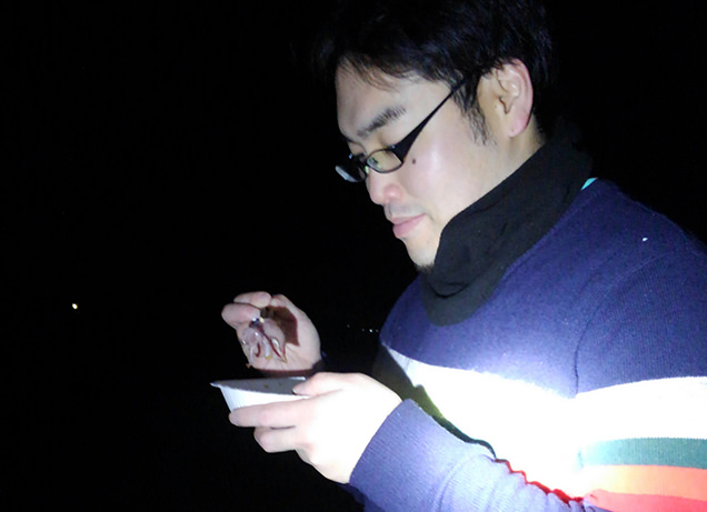 ホタルイカを試食中のライター