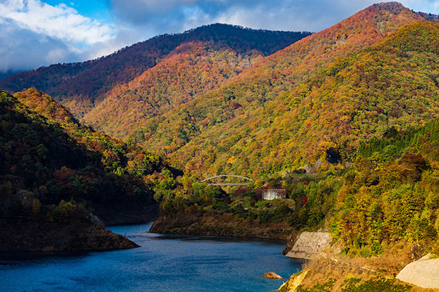 青空と青い湖面、紅葉が織り成す景色