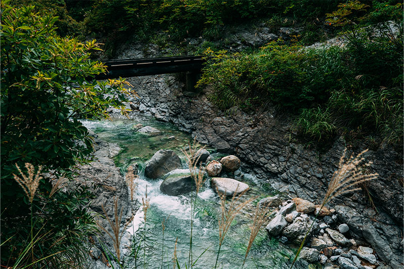 温泉が流れる川を渡る