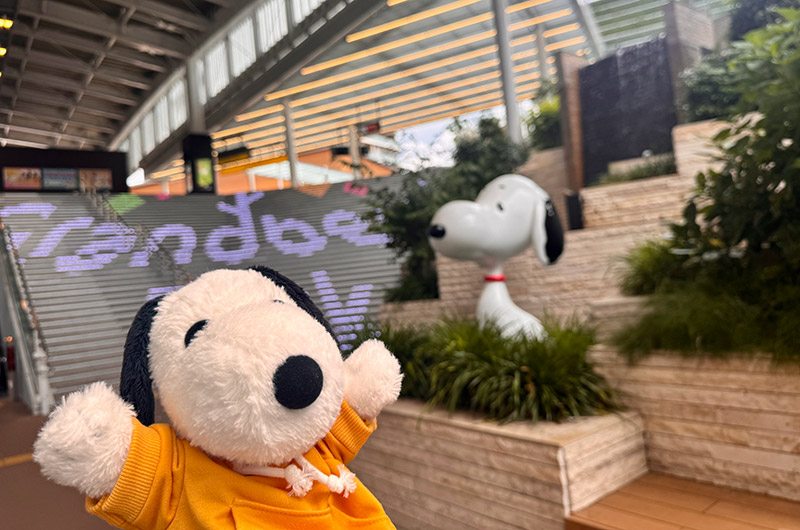 南町田グランベリーパーク駅とスヌーピーぬいぐるみ（筆者私物）