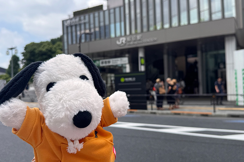 原宿駅とスヌーピーのぬいぐるみ（筆者私物）